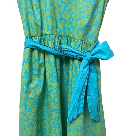 GARNET HILL Cotton Dress Size 8 Green Blue Boho Preppy Print Sleeveless Sash Tie - Picture 9 of 13